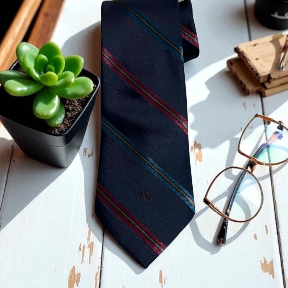 Christian Dior Men's Blue Striped Silk Blend Necktie